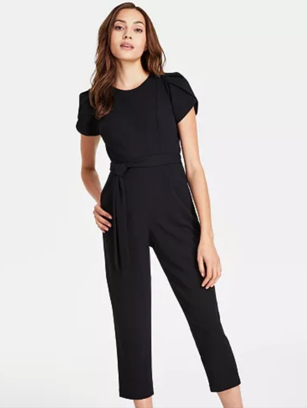 NWT Calvin Klein Black Flutter Tulip Sleeve Belted Jumpsuit Straight Leg Size 8